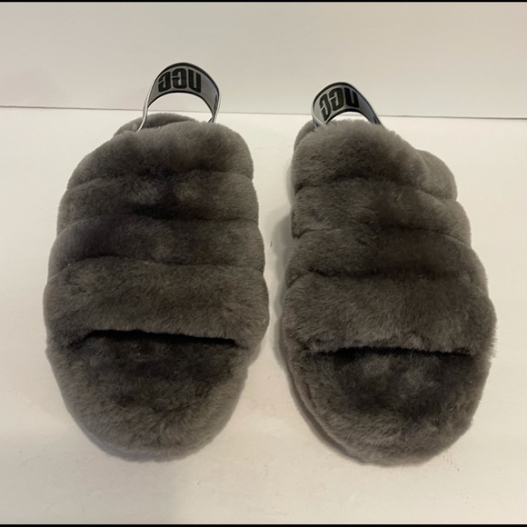 UGG Fluff Yeah Fur Slides Grey Slippers 7 - Picture 3 of 10